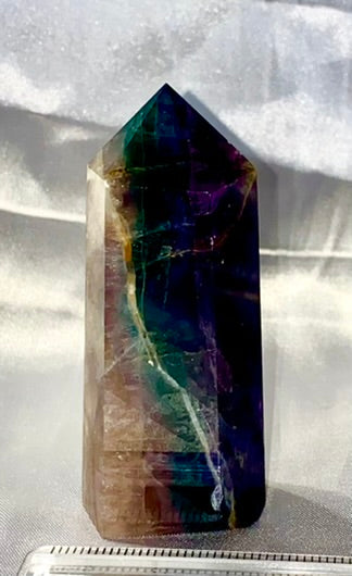 Fluorite Point l6 - polished purple green blue white stone mini-tower sculpture