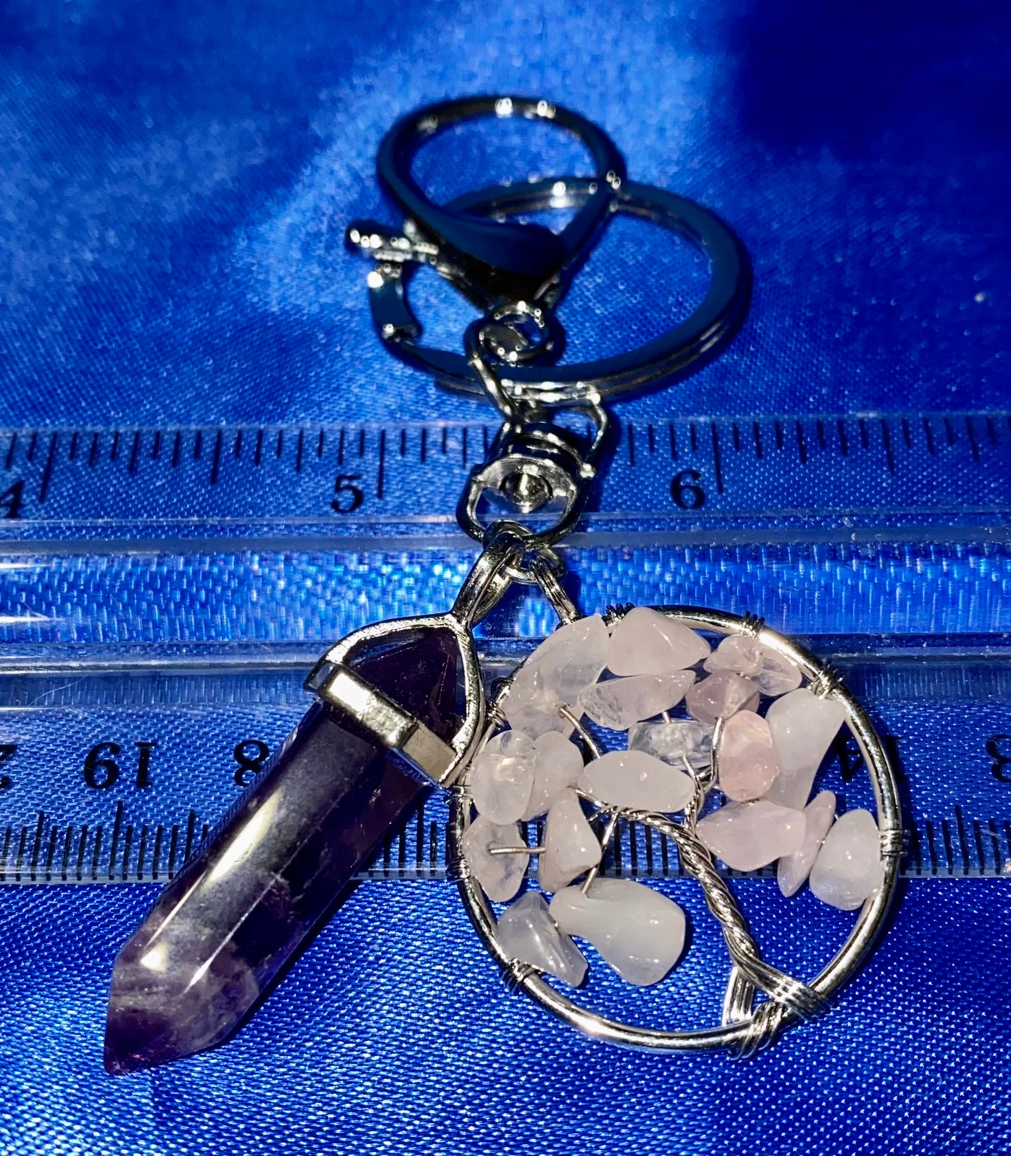 Crystal Point and Gemstone Chip Tree Keychain - polished stone and metal