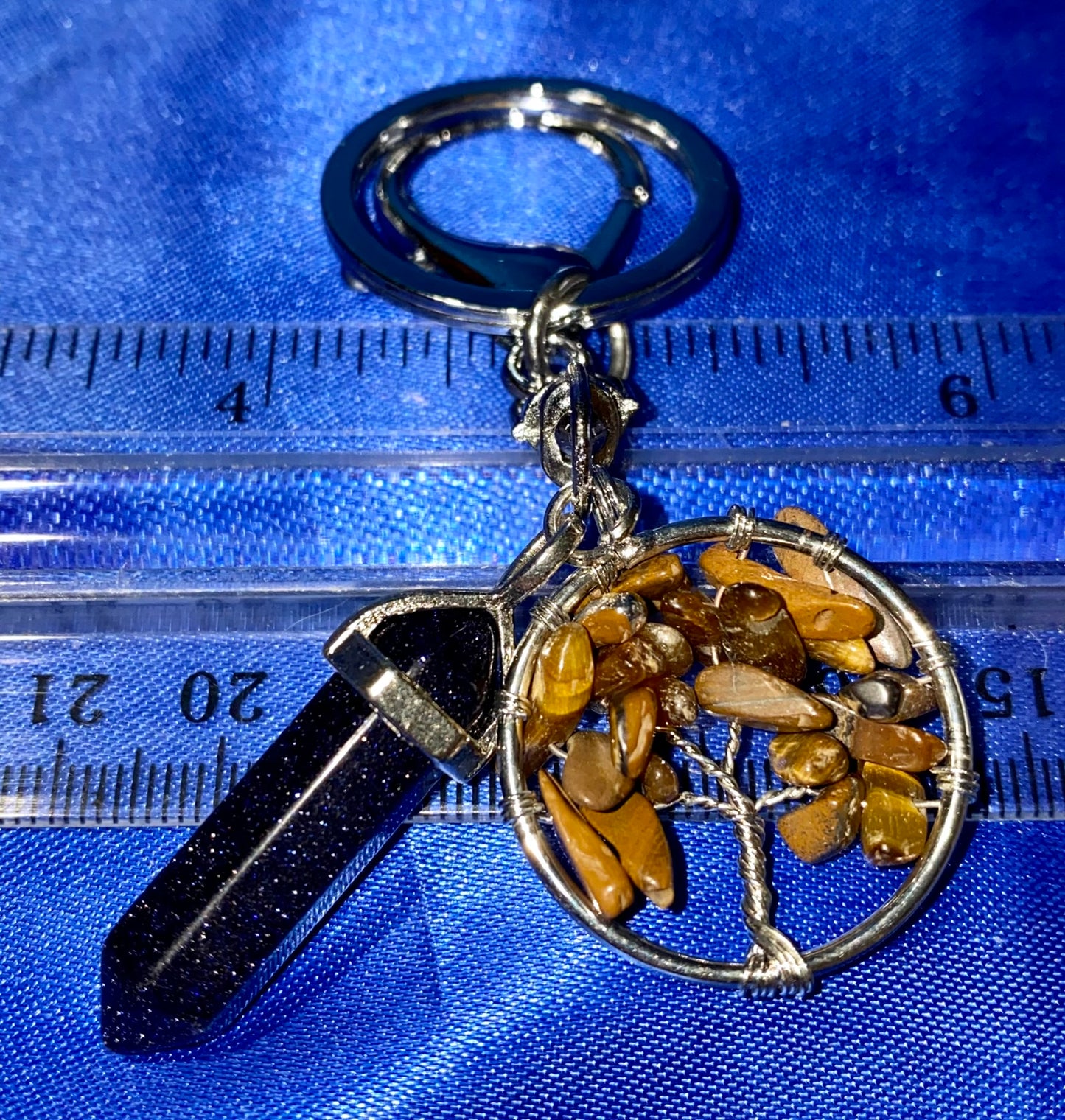 Crystal Point and Gemstone Chip Tree Keychain - polished stone and metal