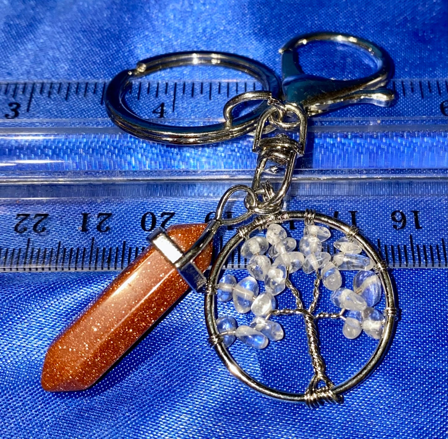 Crystal Point and Gemstone Chip Tree Keychain - polished stone and metal