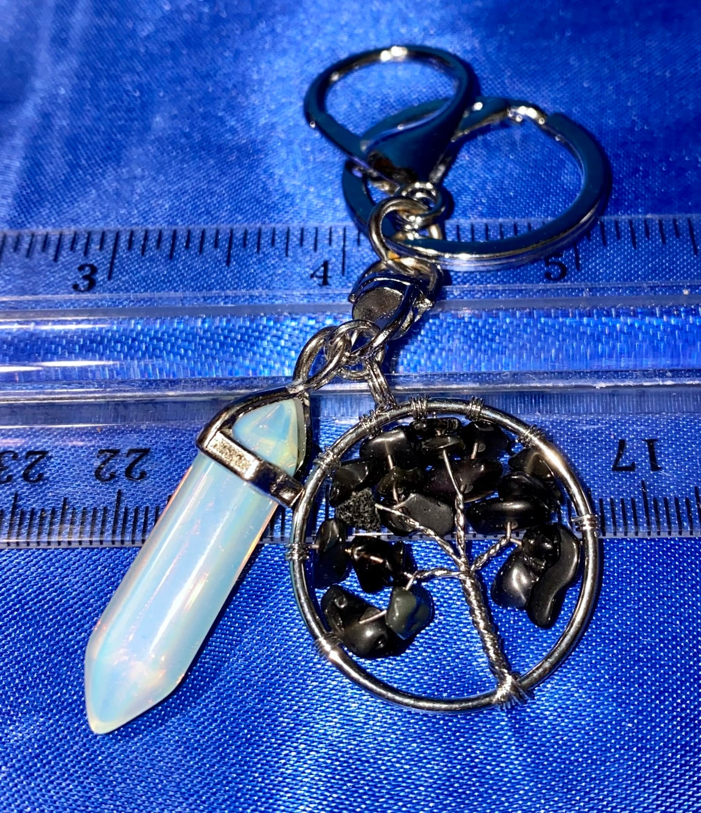 Crystal Point and Gemstone Chip Tree Keychain - polished stone and metal