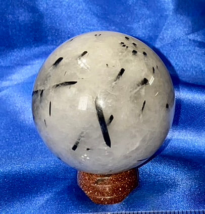 Tourmalated Quartz Sphere s2 - polished clear white black stone sculpture