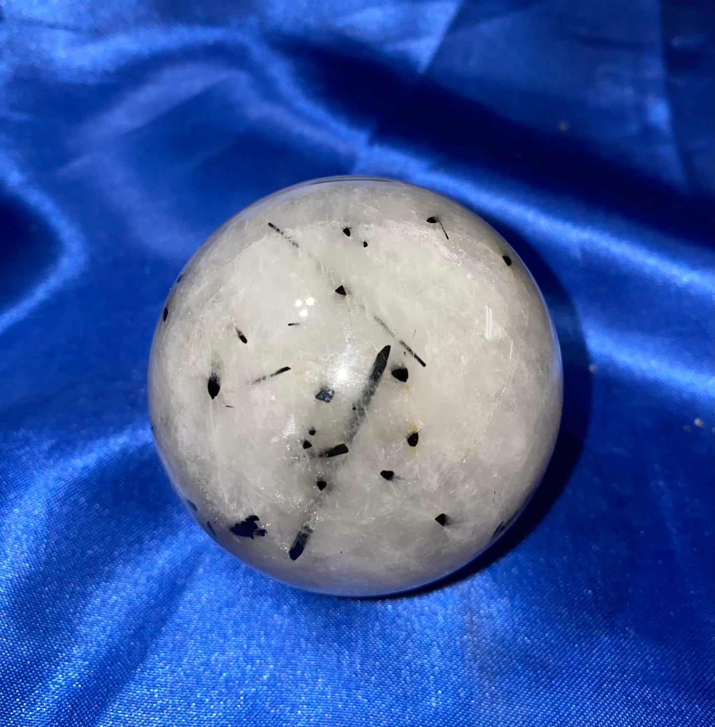 Tourmalated Quartz Sphere s2 - polished clear white black stone sculpture