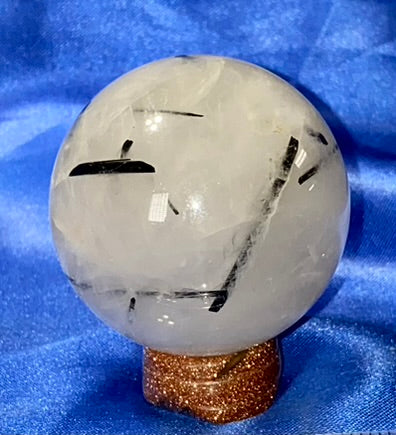 Tourmalated Quartz Sphere xs1 - polished clear white black stone sculpture