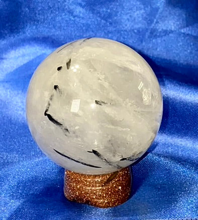 Tourmalated Quartz Sphere s4 - polished clear white black stone sculpture