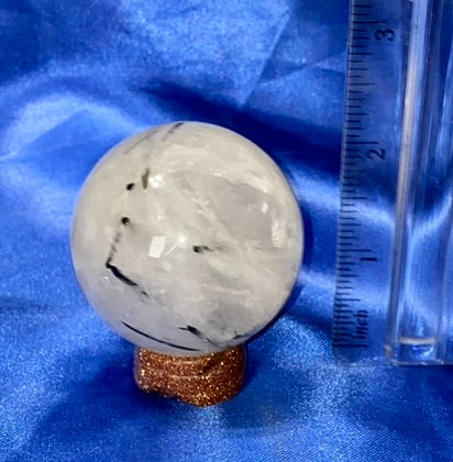 Tourmalated Quartz Sphere s4 - polished clear white black stone sculpture