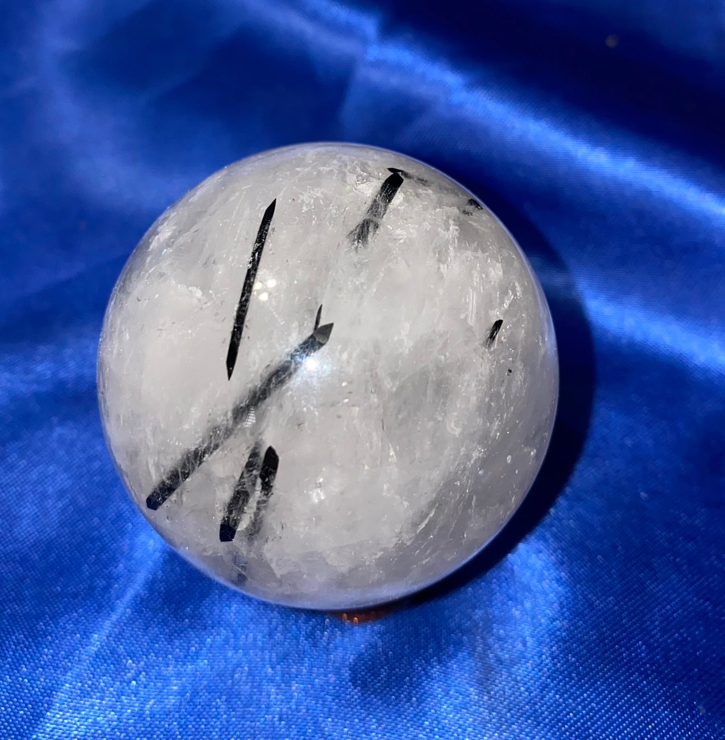 Tourmalated Quartz Sphere s4 - polished clear white black stone sculpture