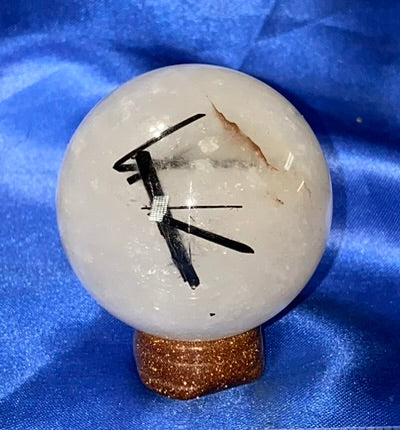 Tourmalated Quartz Sphere xs2 - polished clear white black stone sculpture