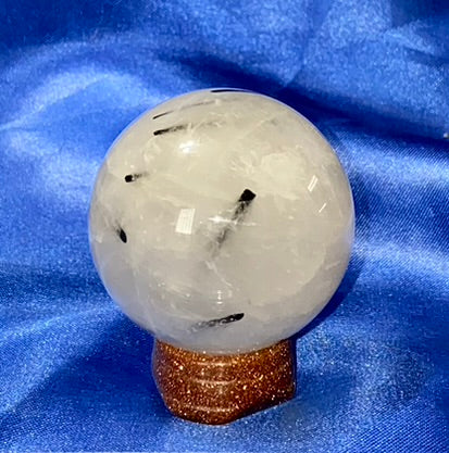 Tourmalated Quartz Sphere s5 - polished clear white black stone sculpture