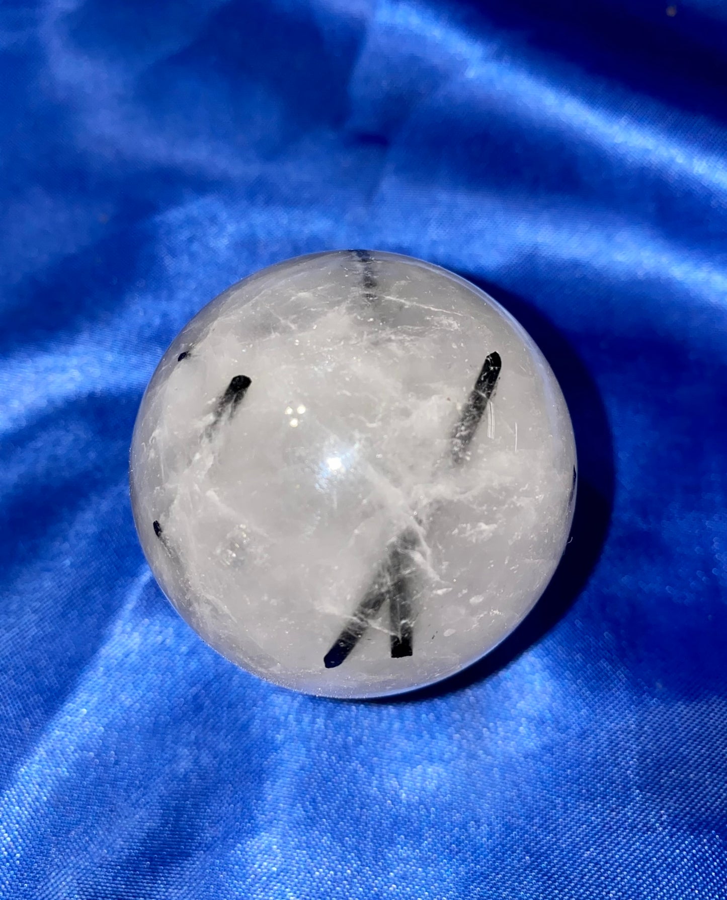 Tourmalated Quartz Sphere s5 - polished clear white black stone sculpture