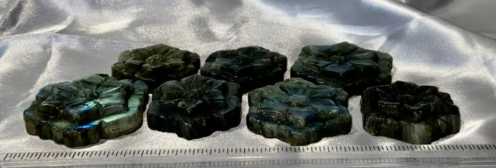 Labradorite Flower Carvings - polished blue gold flash stone sculpture