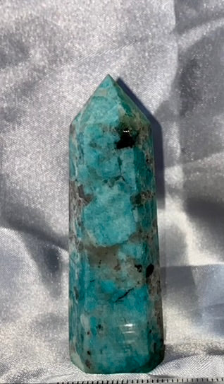 Amazonite Point m2 - polished green blue stone mini-tower sculpture