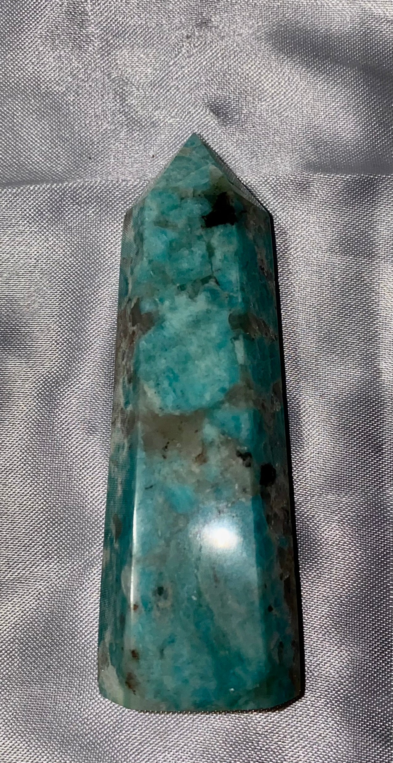 Amazonite Point m2 - polished green blue stone mini-tower sculpture