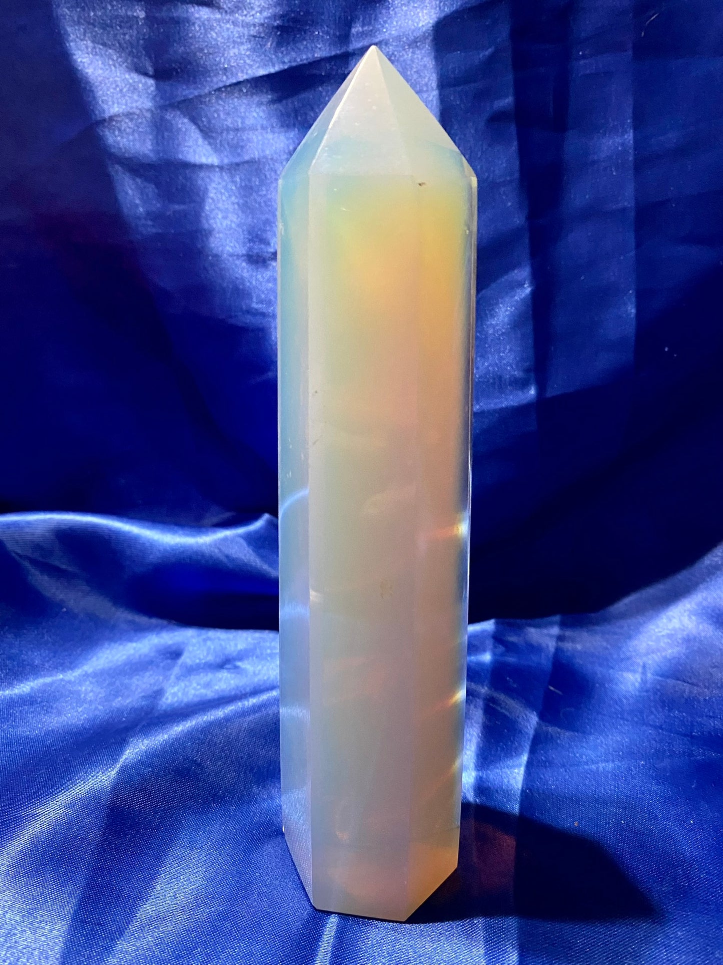 Opalite Tower m1 - polished white and multicolored stone sculpture