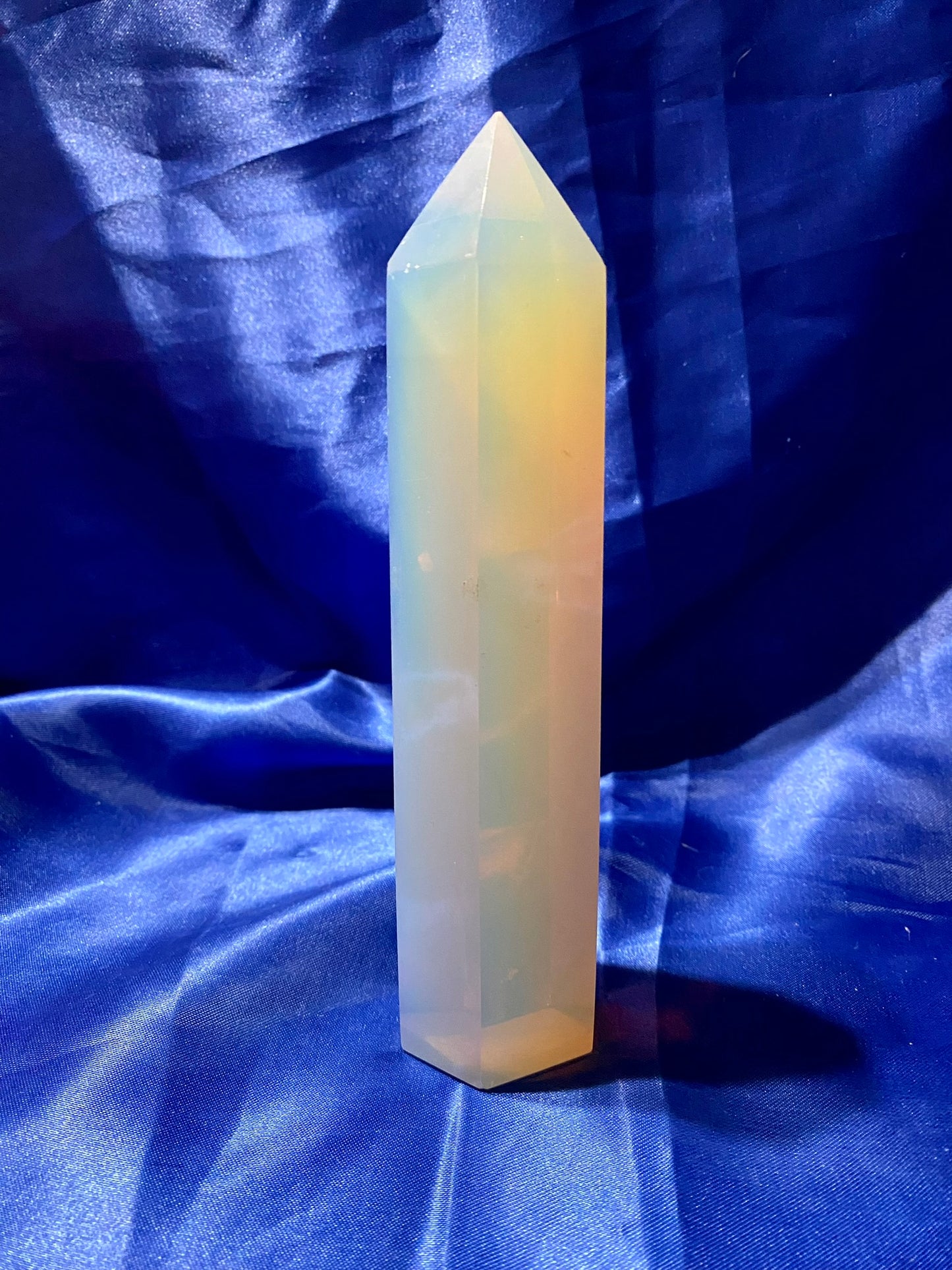 Opalite Tower m1 - polished white and multicolored stone sculpture