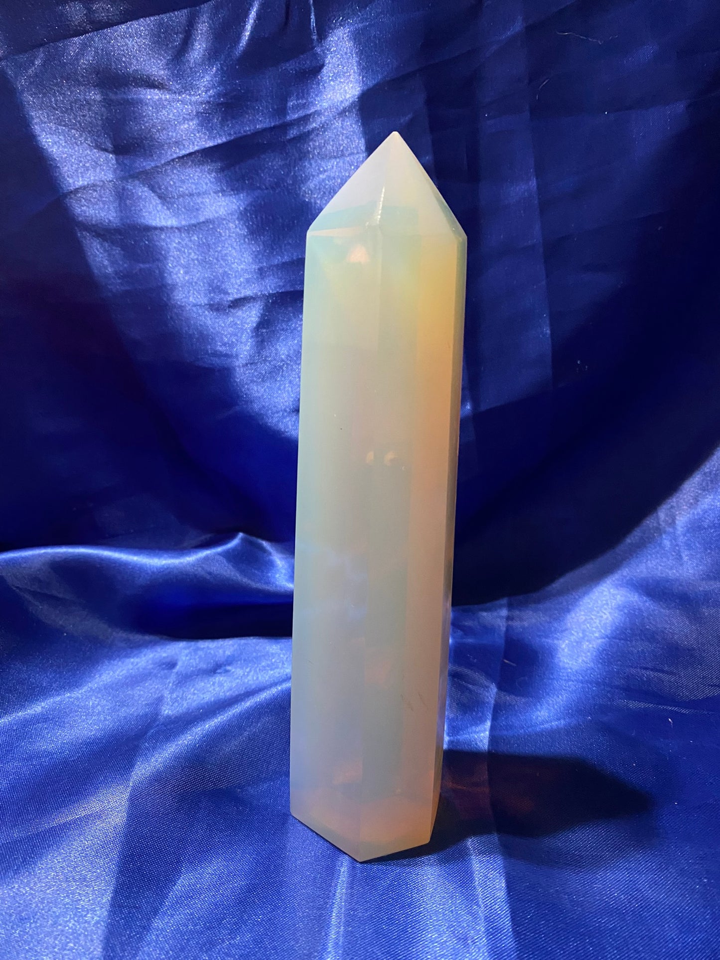 Opalite Tower m1 - polished white and multicolored stone sculpture