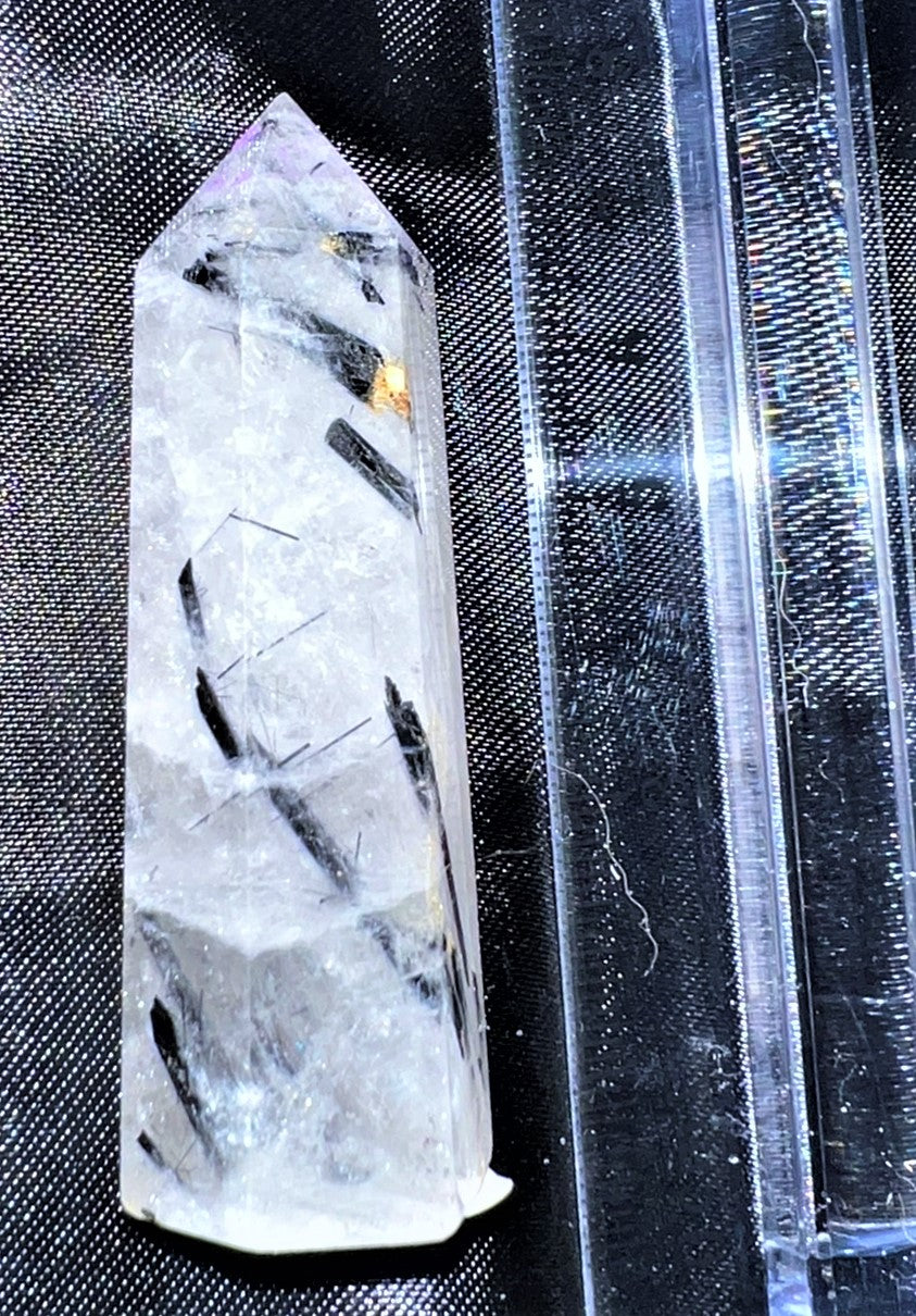 Tourmalated Quartz Point m1 - polished clear white black stone sculpture