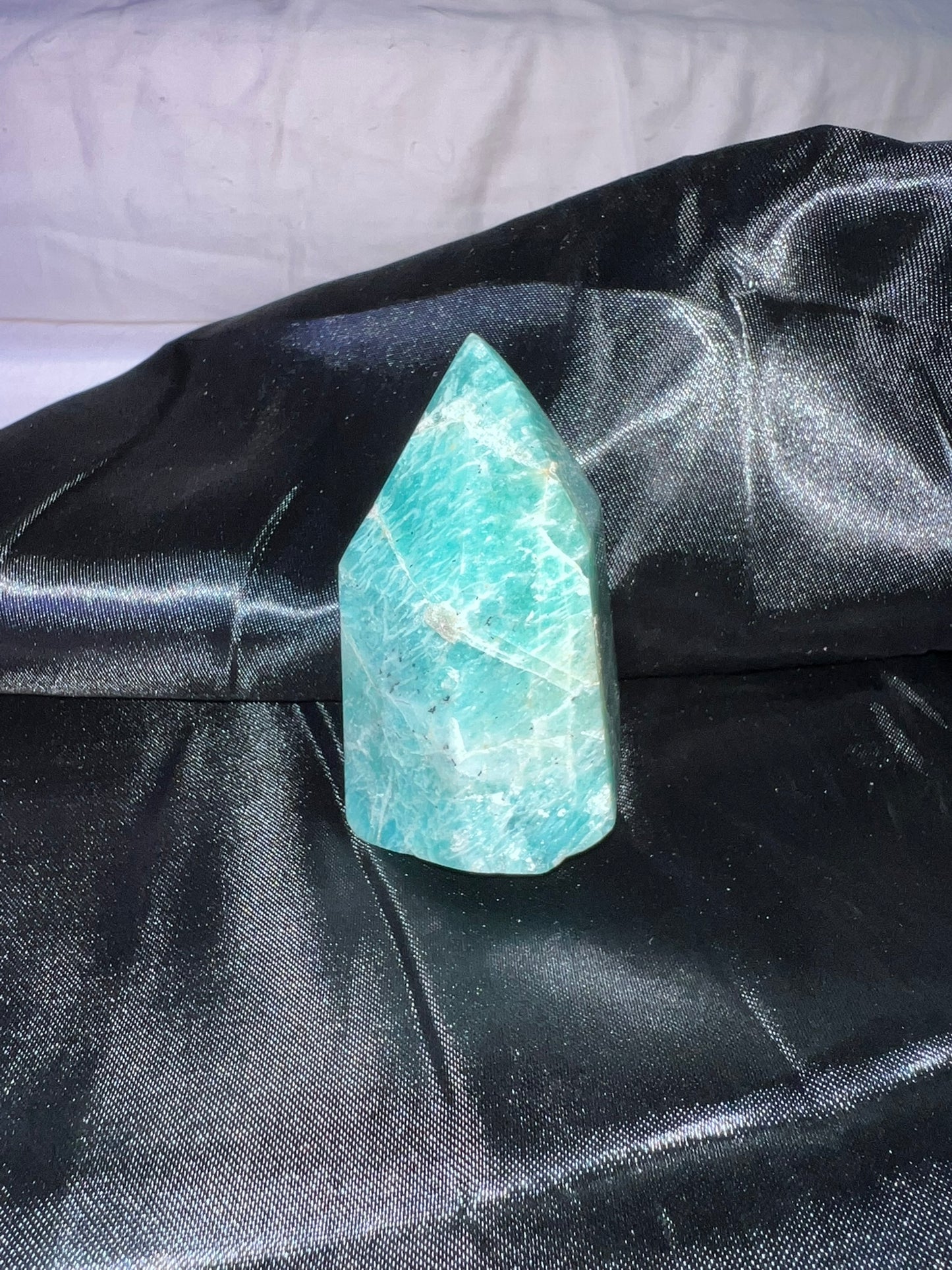 Amazonite Point s1  - polished blue green stone mini-tower sculpture